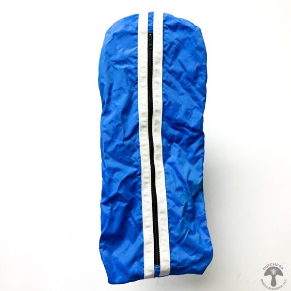 A blue bag with white stripes on it.