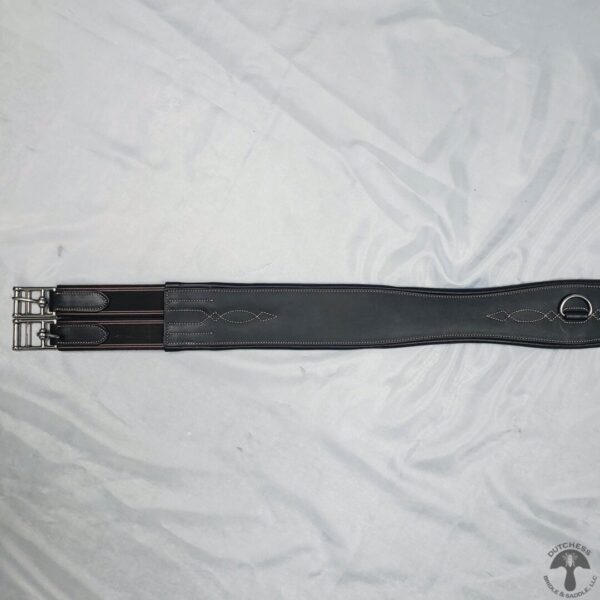 A black leather strap with two metal buckles.