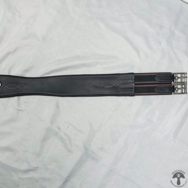 A black leather belt with silver metal clasps.