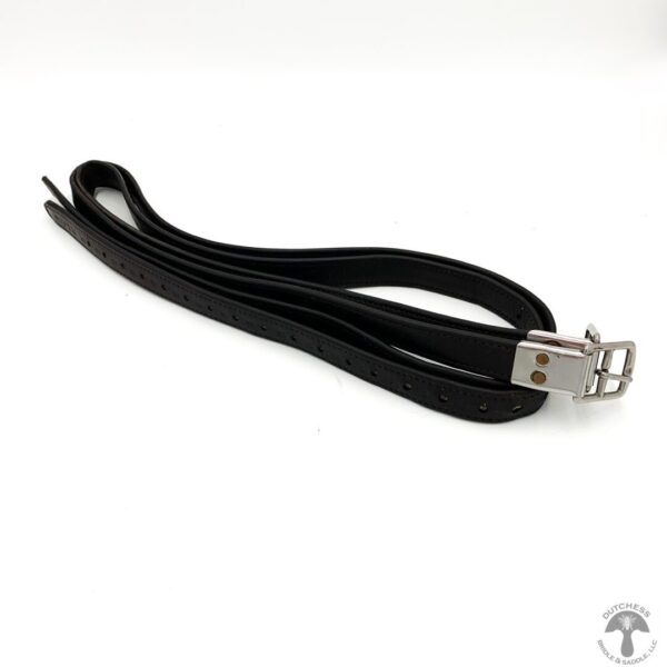 A black leather strap with silver metal buckle.