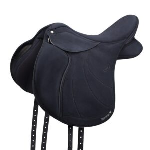 A black saddle with two straps on the back of it.