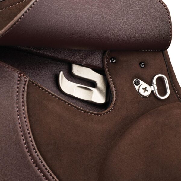 A close up of the saddle and stirrups