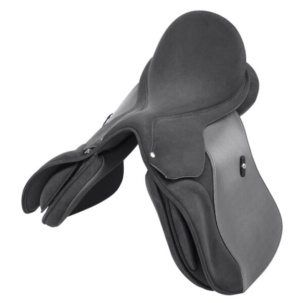 A black and gray saddle with a white background