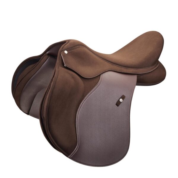 A brown saddle with a white dot on it.