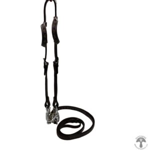 A black leather reins with two metal buckles.