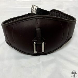 A close up of the front of a brown leather belt