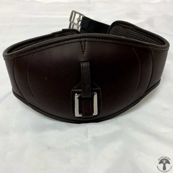 A close up of the front of a brown leather belt