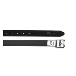 A pair of black leather belts with silver buckles.