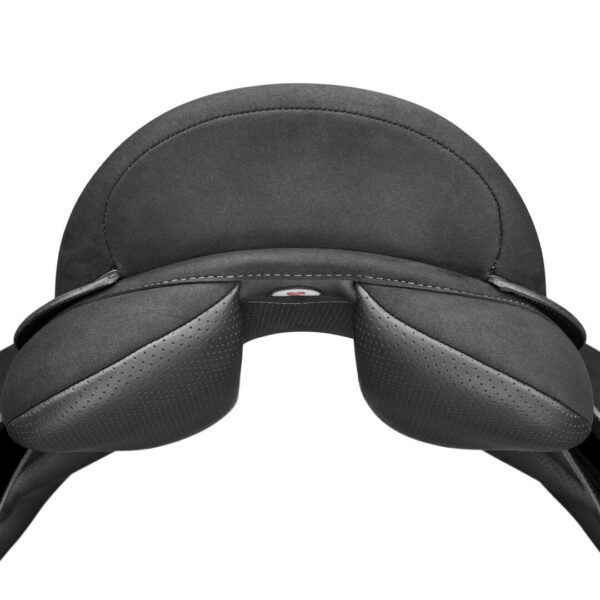 A black leather hat with a pair of sunglasses on top.