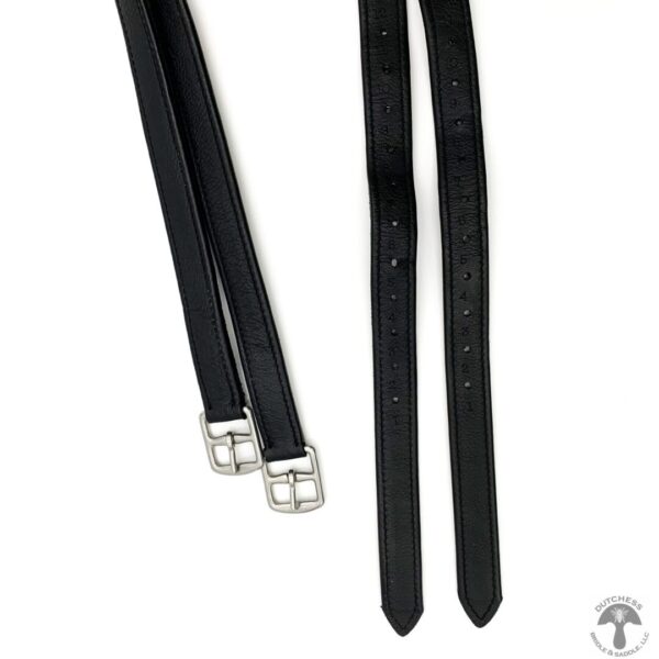 A pair of black leather straps with silver buckles.