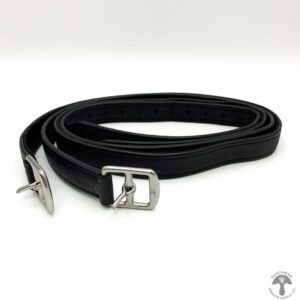 A black leather strap with silver metal accents.