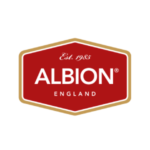 A red and white logo of albion england