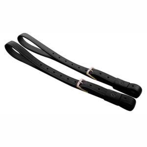 A pair of black leather straps with silver clasps.