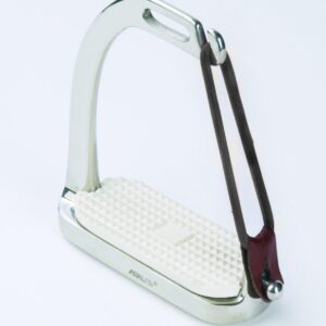 A white metal stirrups with red accents.