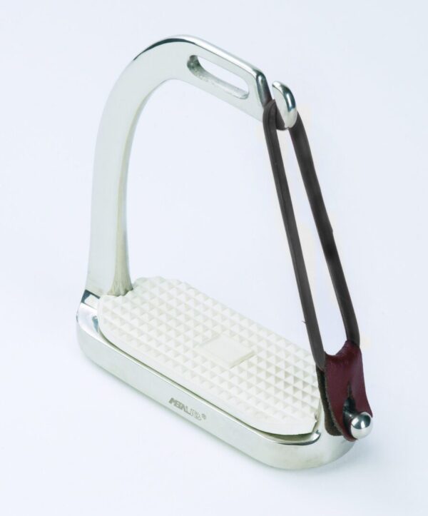 A white metal stirrups with red accents.