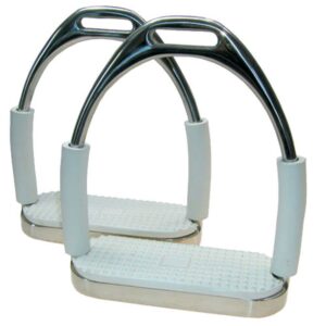 A pair of white and black horse stirrups.