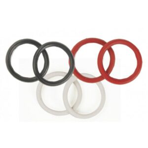 A set of six rubber rings in black, white and red.