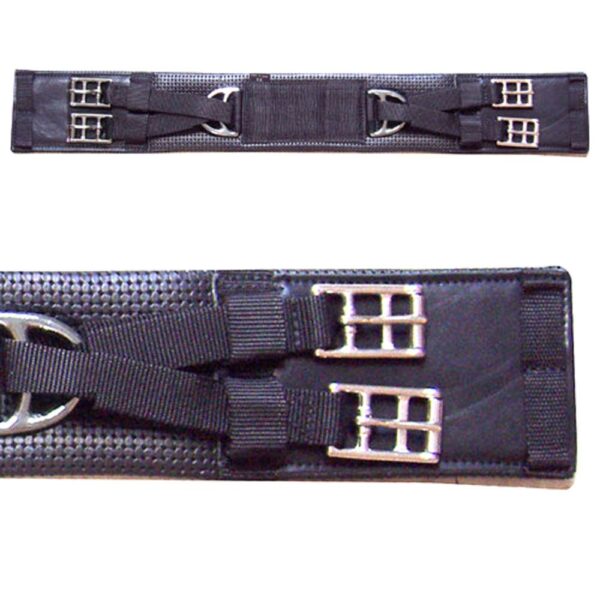 A close up of the straps on a horse riding girth