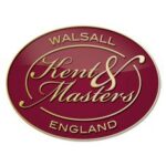 A red and gold pin with the words " rent & masters walsall england."