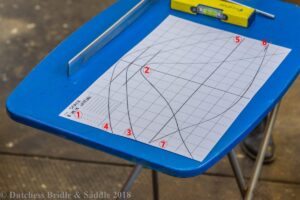 A blue table with a ruler and some paper on it