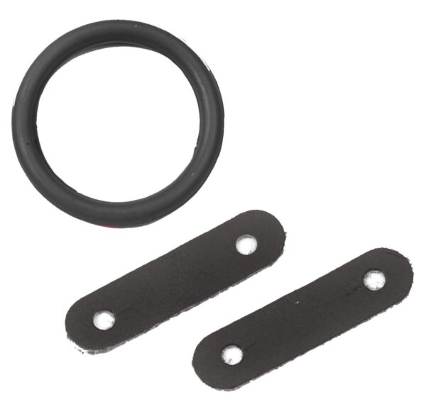 A black rubber ring and two metal plates.