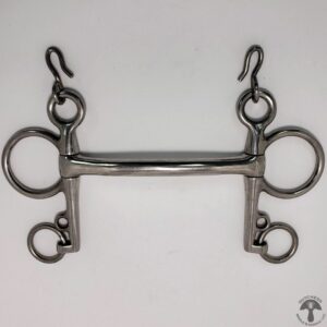 A metal horse bit with two hooks hanging from it.