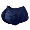 A pair of saddle pads sitting on top of each other.