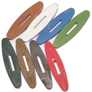 A group of eight different colored wooden handles.