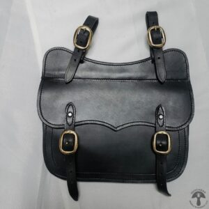 A black leather bag with two brass buckles.