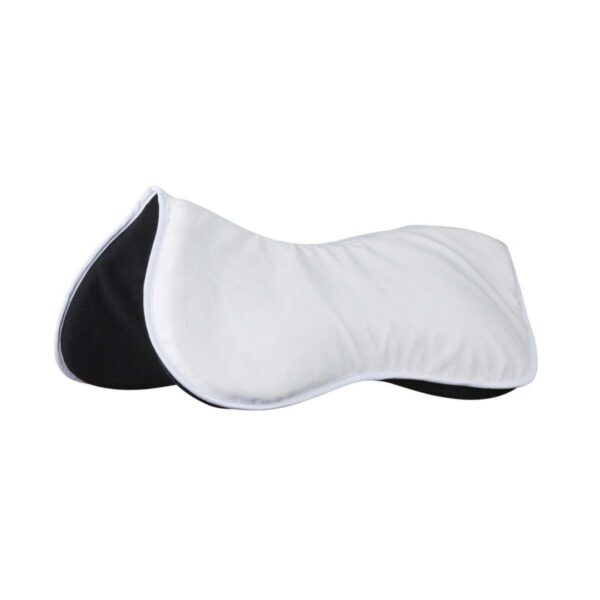 A white and black saddle pad sitting on top of a floor.