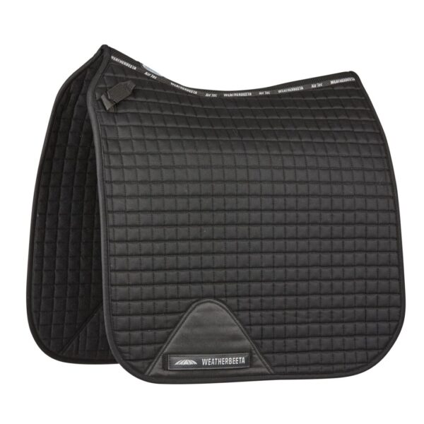 A black saddle pad with a horse on it