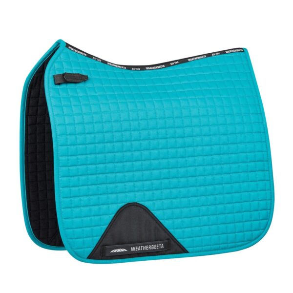 A turquoise saddle pad with black trim and a black back.