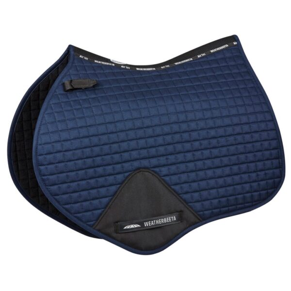 A saddle pad with black trim and blue quilted design.