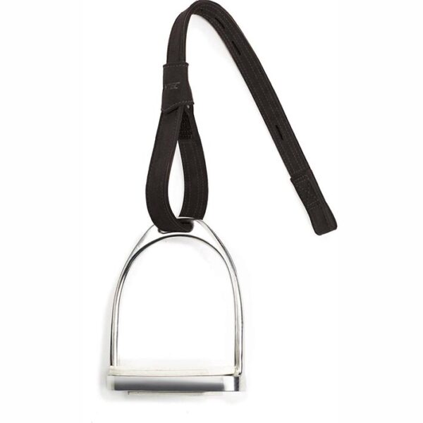 A metal stirrups hanging from a black strap.