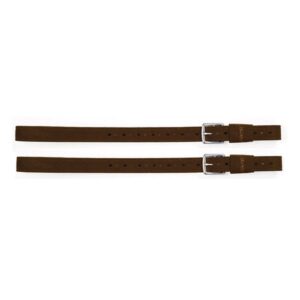 A pair of brown leather suspenders with silver buckles.